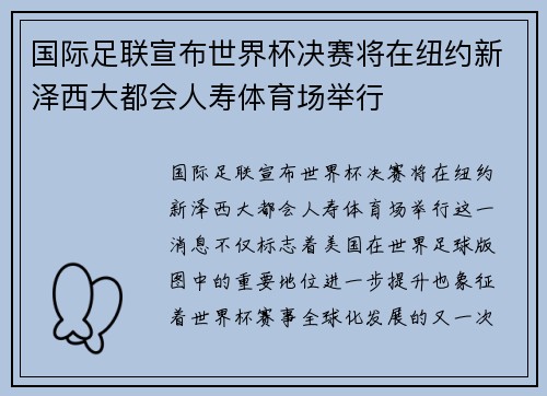 国际足联宣布世界杯决赛将在纽约新泽西大都会人寿体育场举行